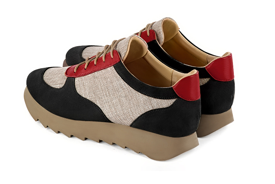 Matt black, natural beige and cardinal red women's three-tone elegant sneakers. Round toe. Low rubber soles. Rear view - Florence KOOIJMAN
